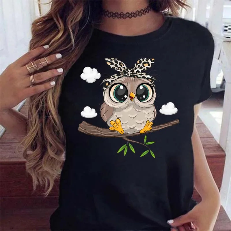 Owl Print T Shirt Women Graphic Shirts Short Sleeved Female T-shirts