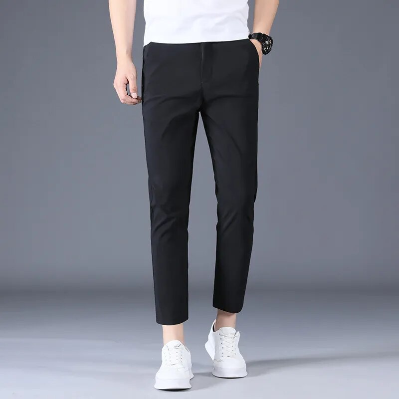 Ankle Length Silk Men Trousers Black Khaki Thin Summer Casual Suit Pants