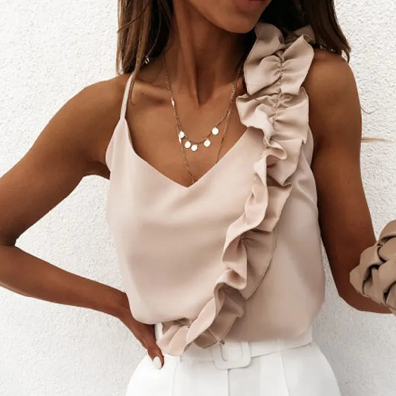 Women Summer Blouse Shirts Sexy V Neck Ruffle Blouses Backless Sleeveless Casual Tops