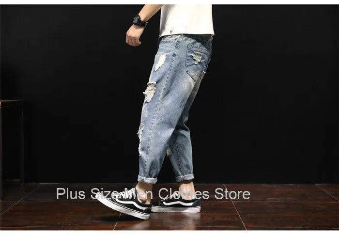 Men Ripped Ankle Length Plus Size Jeans 38 40 42 Denim Pants