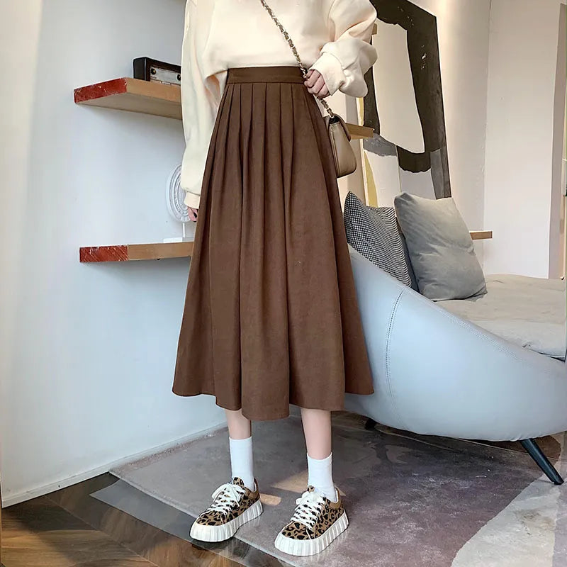 Vintage Brown High Waist Pleated Skirt Women Long Skirt Ladies Casual A line Skirts