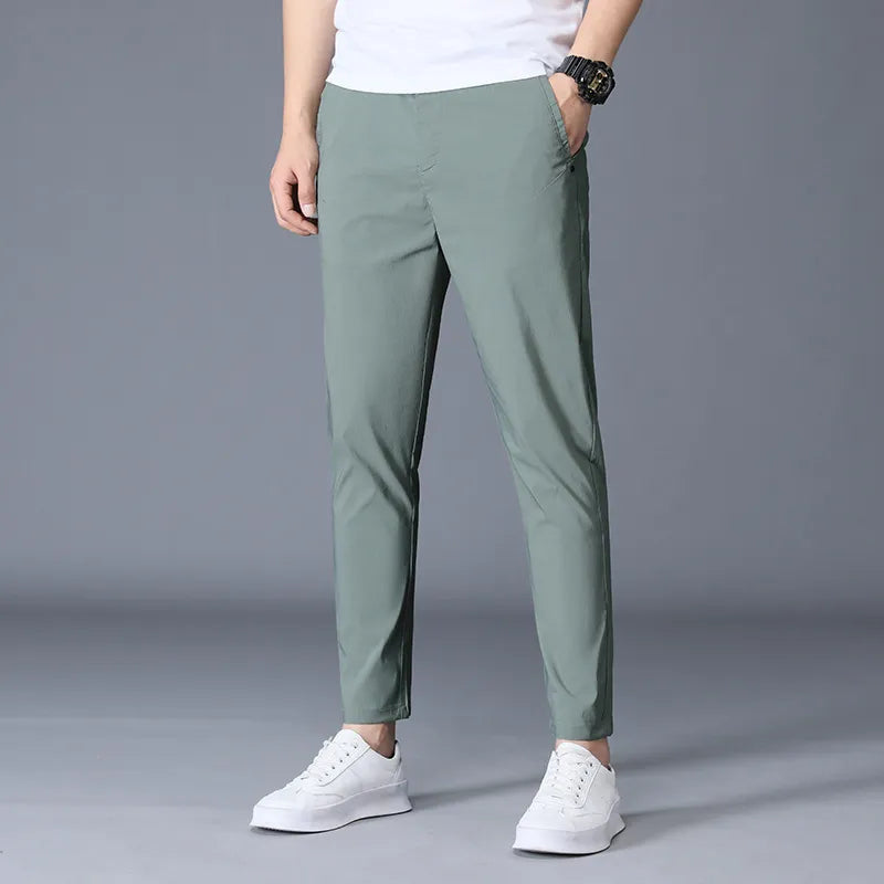 Ankle Length Silk Men Trousers Black Khaki Thin Summer Casual Suit Pants