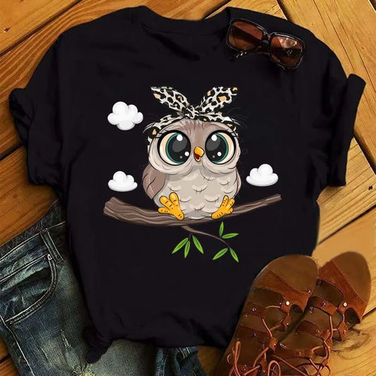 Owl Print T Shirt Women Graphic Shirts Short Sleeved Female T-shirts