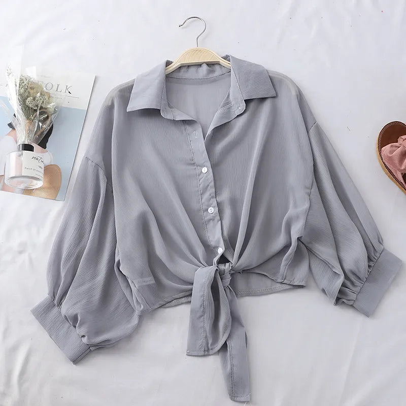 Women Shirts Half Sleeve Buttoned Up Shirt Loose Casual Blouse Tied Waist Elegant Blouses