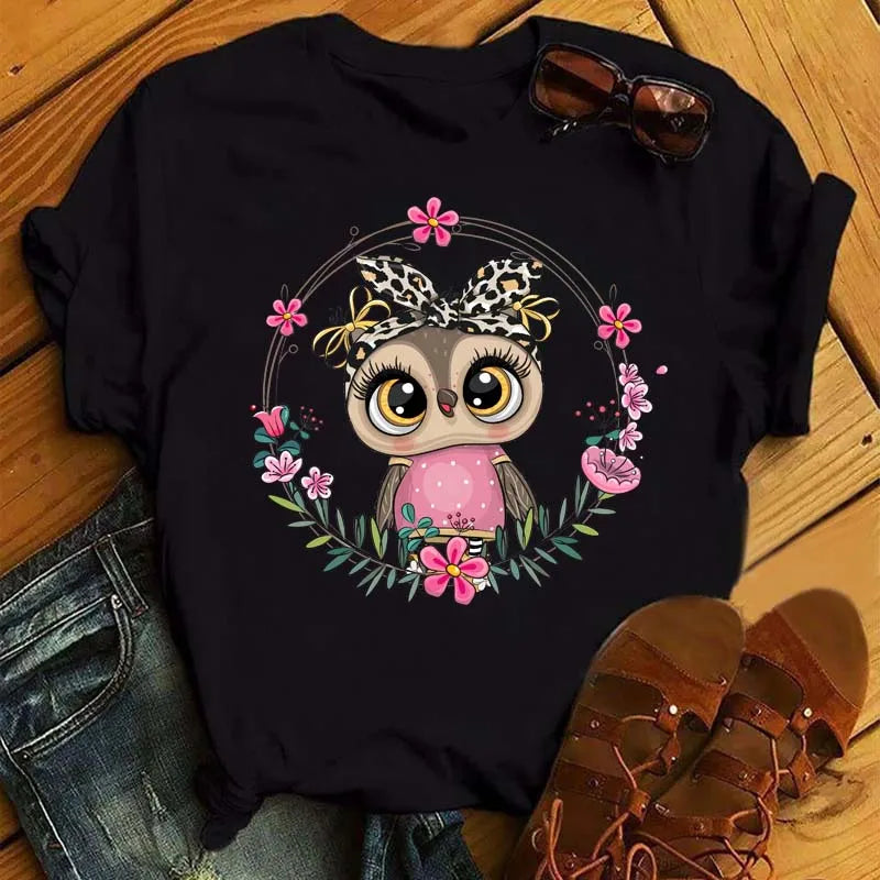 Owl Print T Shirt Women Graphic Shirts Short Sleeved Female T-shirts