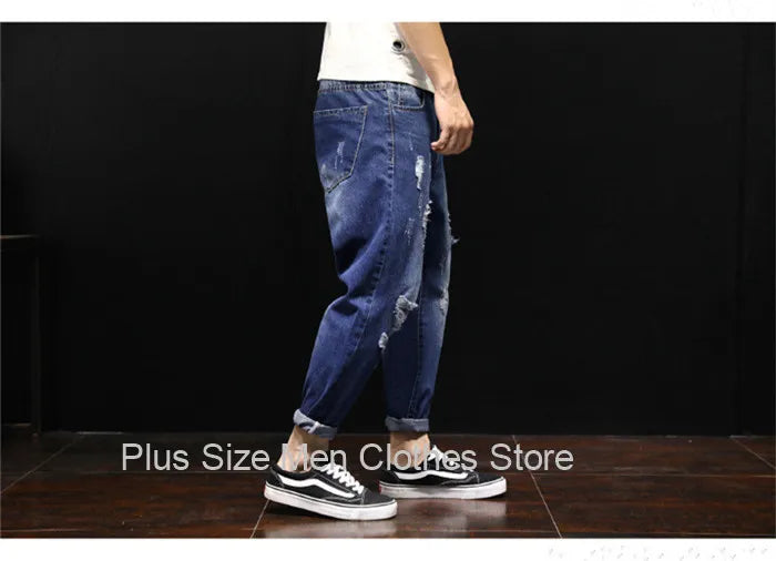 Men Ripped Ankle Length Plus Size Jeans 38 40 42 Denim Pants