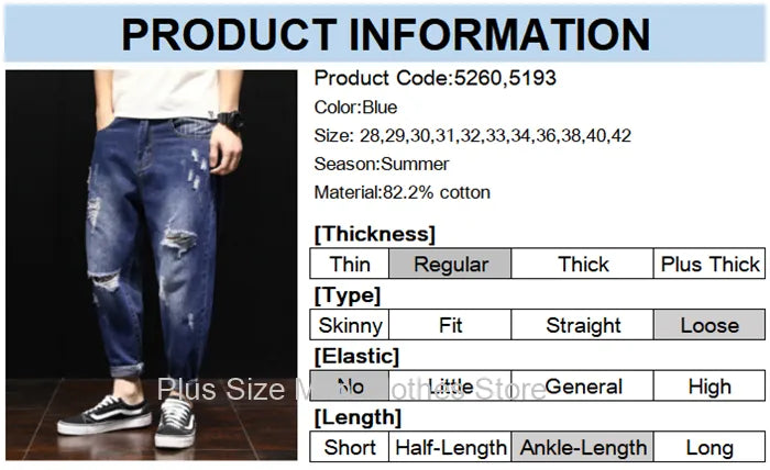 Men Ripped Ankle Length Plus Size Jeans 38 40 42 Denim Pants