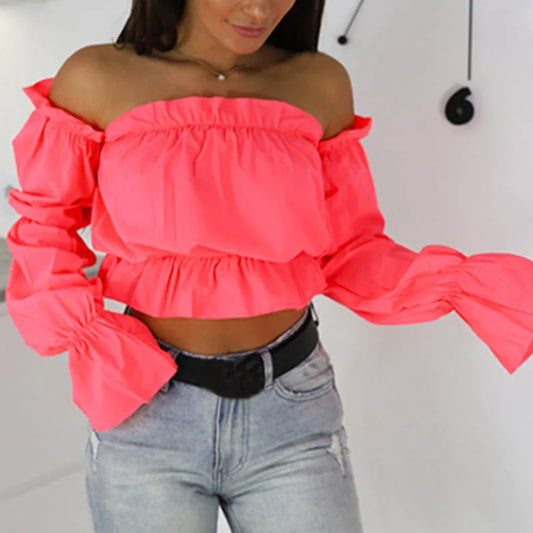 Candy Color Off Shoulder Crop Tops women Sleeve shirts