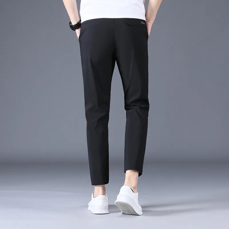 Ankle Length Silk Men Trousers Black Khaki Thin Summer Casual Suit Pants