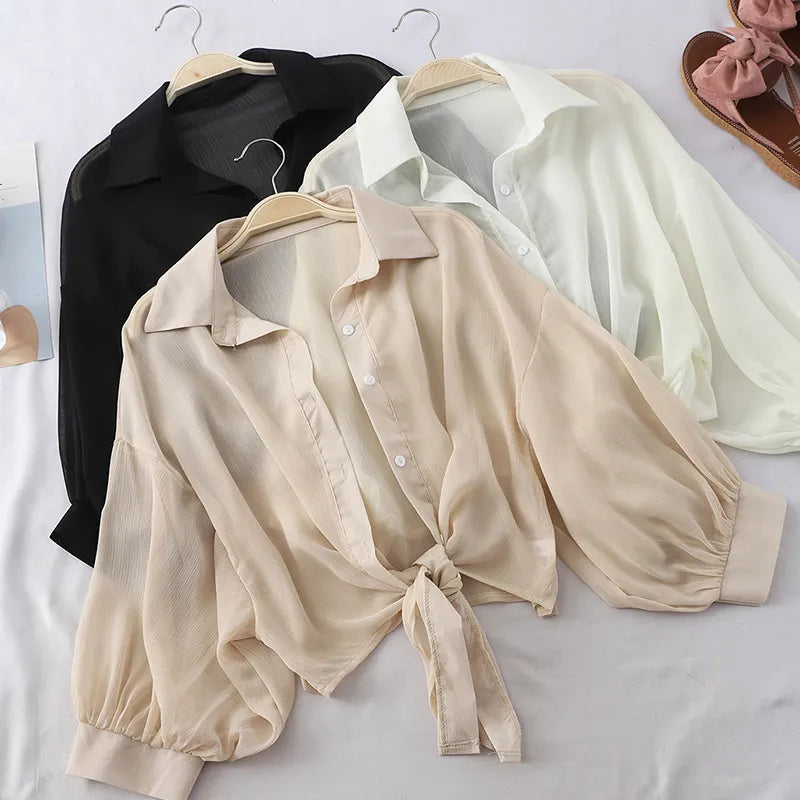 Women Shirts Half Sleeve Buttoned Up Shirt Loose Casual Blouse Tied Waist Elegant Blouses