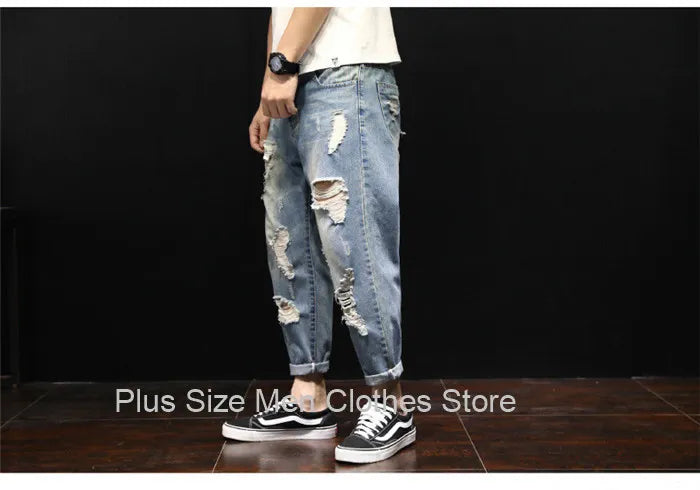 Men Ripped Ankle Length Plus Size Jeans 38 40 42 Denim Pants