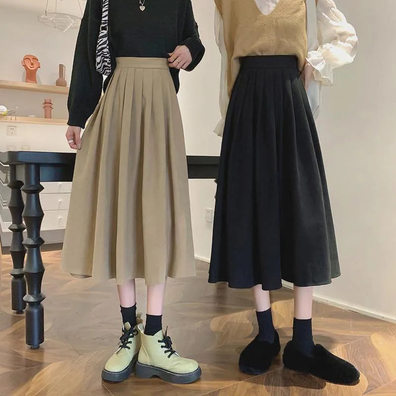 Vintage Brown High Waist Pleated Skirt Women Long Skirt Ladies Casual A line Skirts