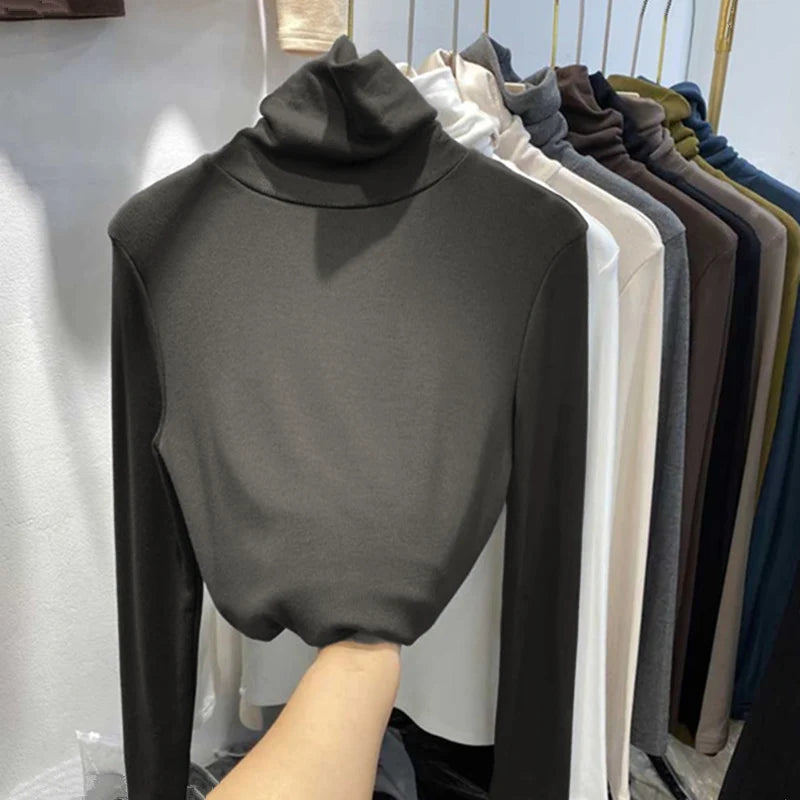 Turtleneck Solid Color Long Sleeve Women Shirts Fashion All Matched Warm Female Tops