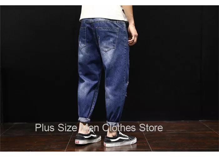 Men Ripped Ankle Length Plus Size Jeans 38 40 42 Denim Pants