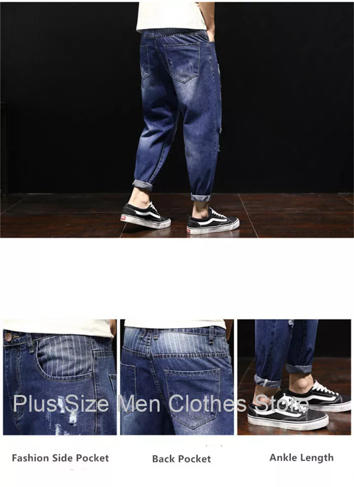 Men Ripped Ankle Length Plus Size Jeans 38 40 42 Denim Pants