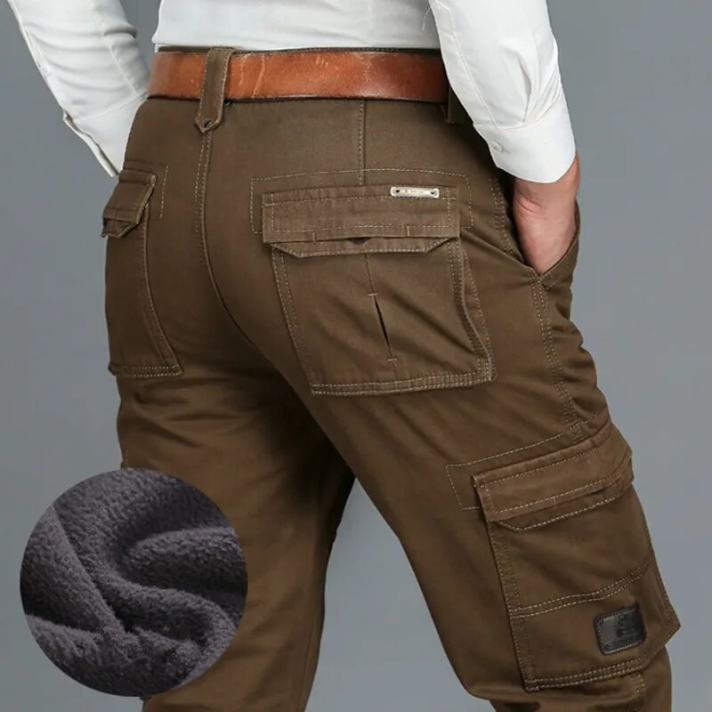 6 Pockets Fleece Warm Cargo Pants Men Clothing Thermal Work Casual Winter Pants For Men