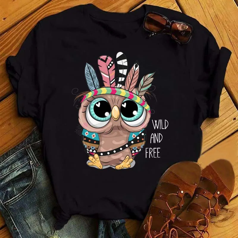 Owl Print T Shirt Women Graphic Shirts Short Sleeved Female T-shirts