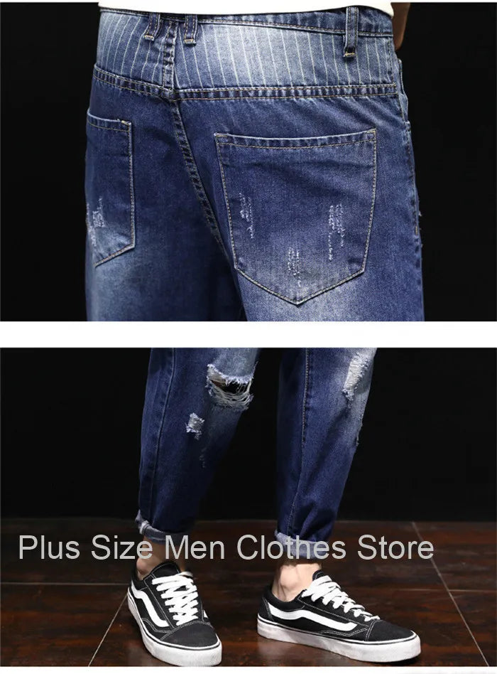 Men Ripped Ankle Length Plus Size Jeans 38 40 42 Denim Pants