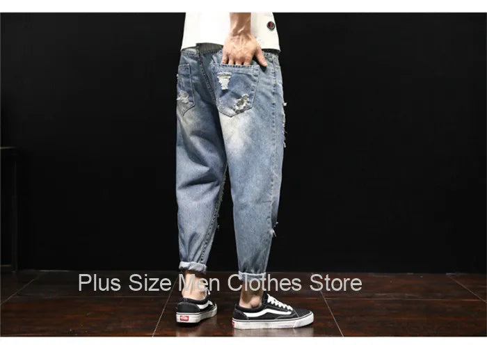 Men Ripped Ankle Length Plus Size Jeans 38 40 42 Denim Pants