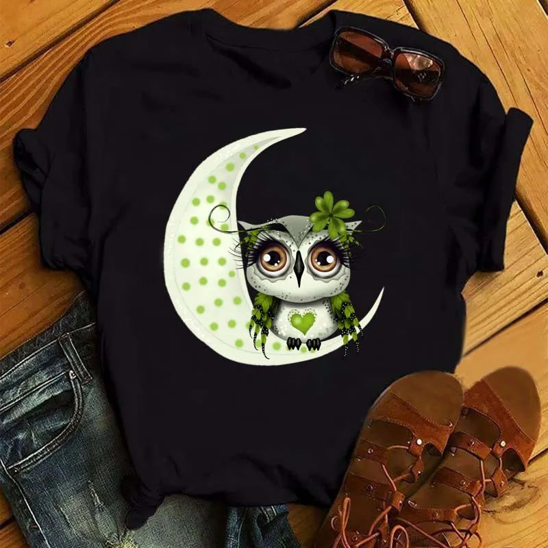 Owl Print T Shirt Women Graphic Shirts Short Sleeved Female T-shirts