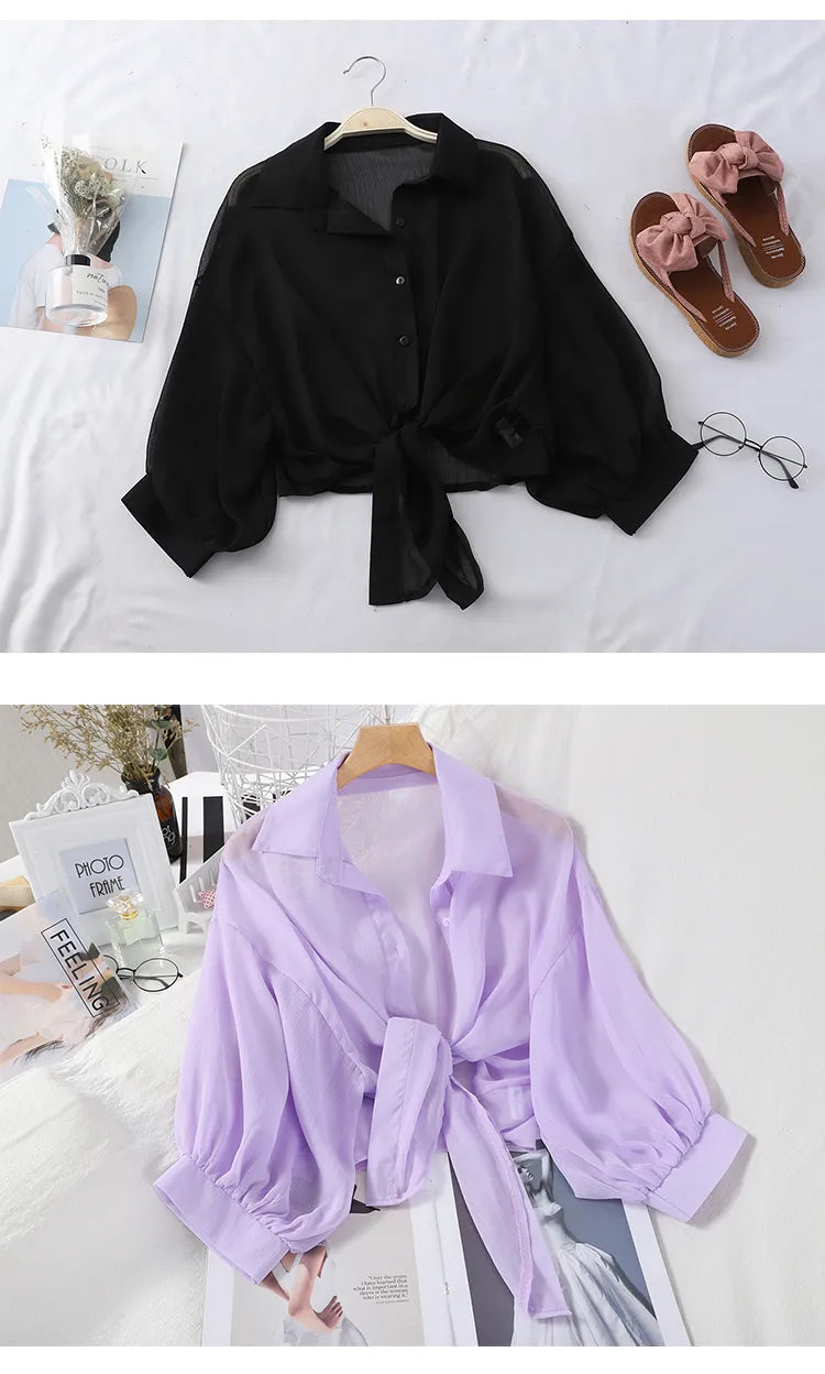 Women Shirts Half Sleeve Buttoned Up Shirt Loose Casual Blouse Tied Waist Elegant Blouses