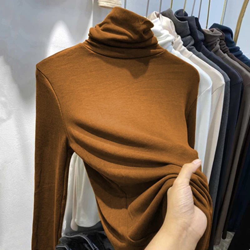 Turtleneck Solid Color Long Sleeve Women Shirts Fashion All Matched Warm Female Tops