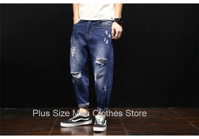 Men Ripped Ankle Length Plus Size Jeans 38 40 42 Denim Pants