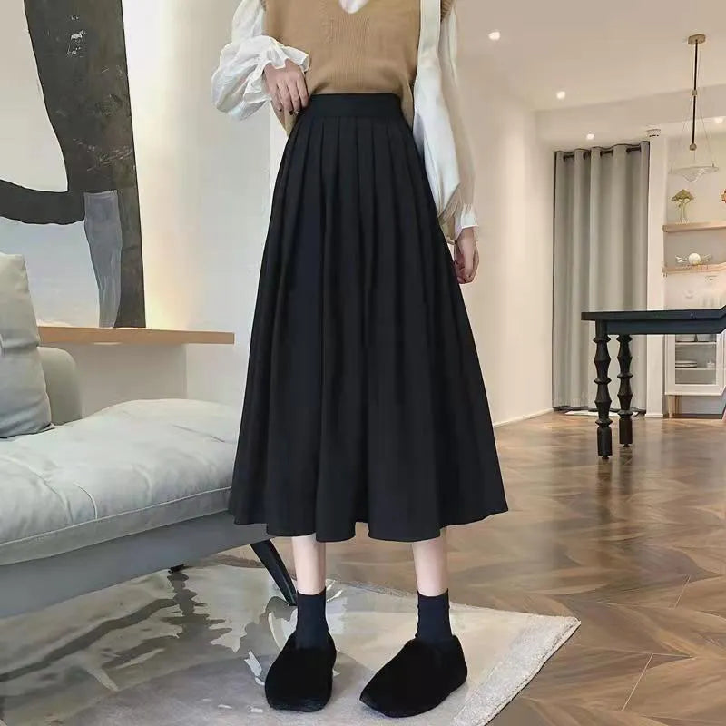 Vintage Brown High Waist Pleated Skirt Women Long Skirt Ladies Casual A line Skirts