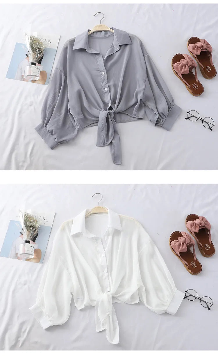 Women Shirts Half Sleeve Buttoned Up Shirt Loose Casual Blouse Tied Waist Elegant Blouses