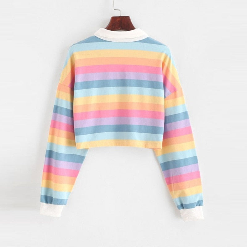 Women Sweatshirt Long Sleeve Rainbow Color Ladies Hoodies With Button Striped Sweatshirt