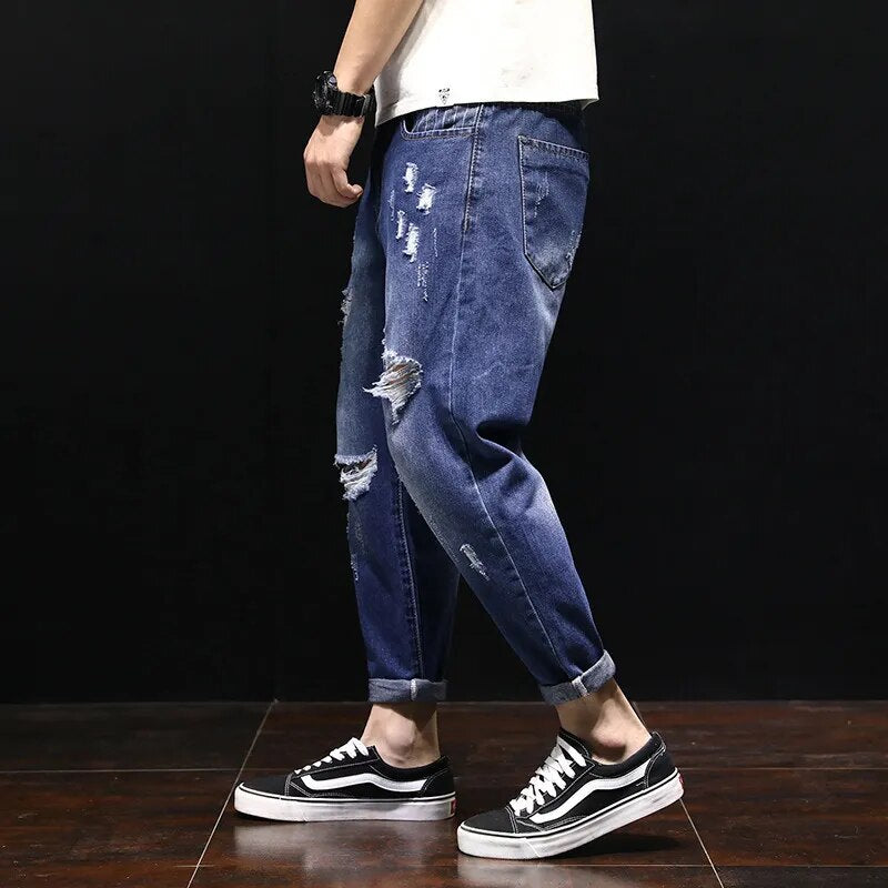 Men Ripped Ankle Length Plus Size Jeans 38 40 42 Denim Pants