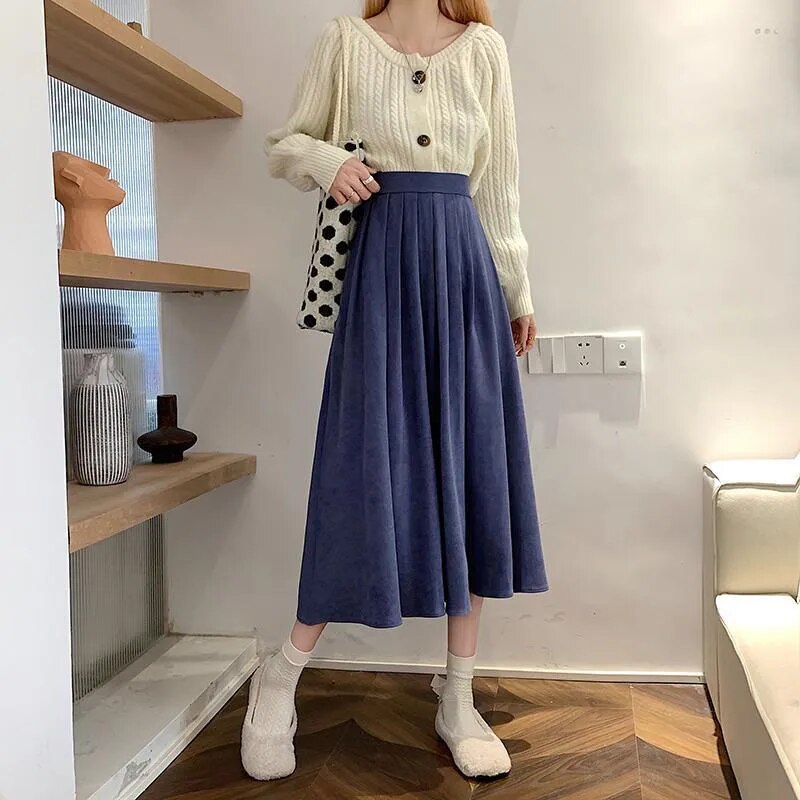 Vintage Brown High Waist Pleated Skirt Women Long Skirt Ladies Casual A line Skirts