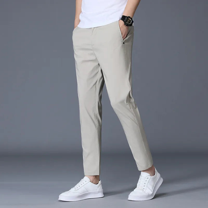 Ankle Length Silk Men Trousers Black Khaki Thin Summer Casual Suit Pants