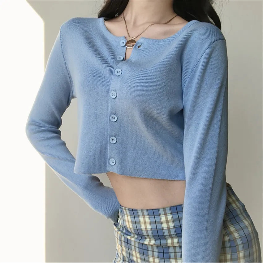 O-neck Short Knitted Sweaters Women Thin Cardigan Fashion Sleeve Sun Protection Crop Top