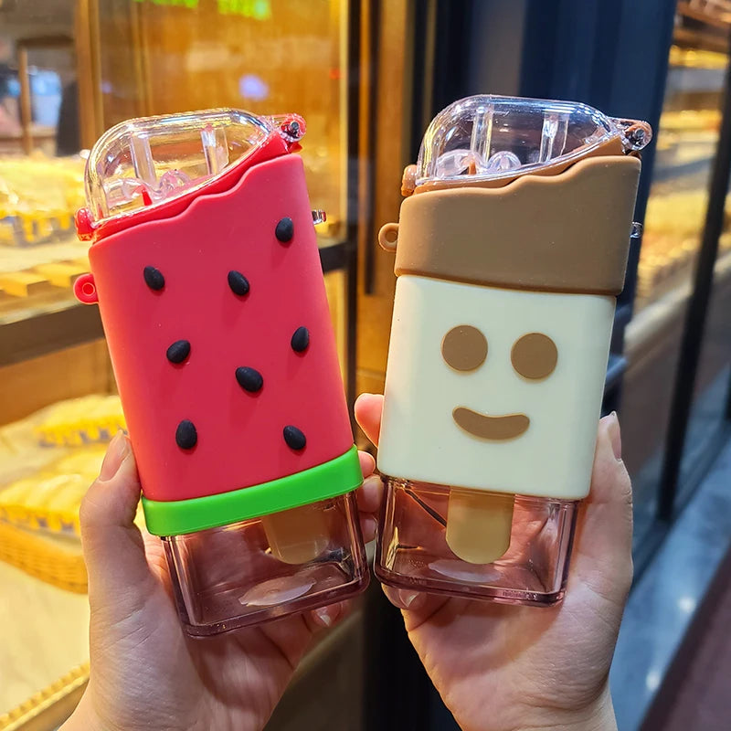 Cute Ice Cream Plastic Water Bottle With Straw Strap Popsicle Water Bottle