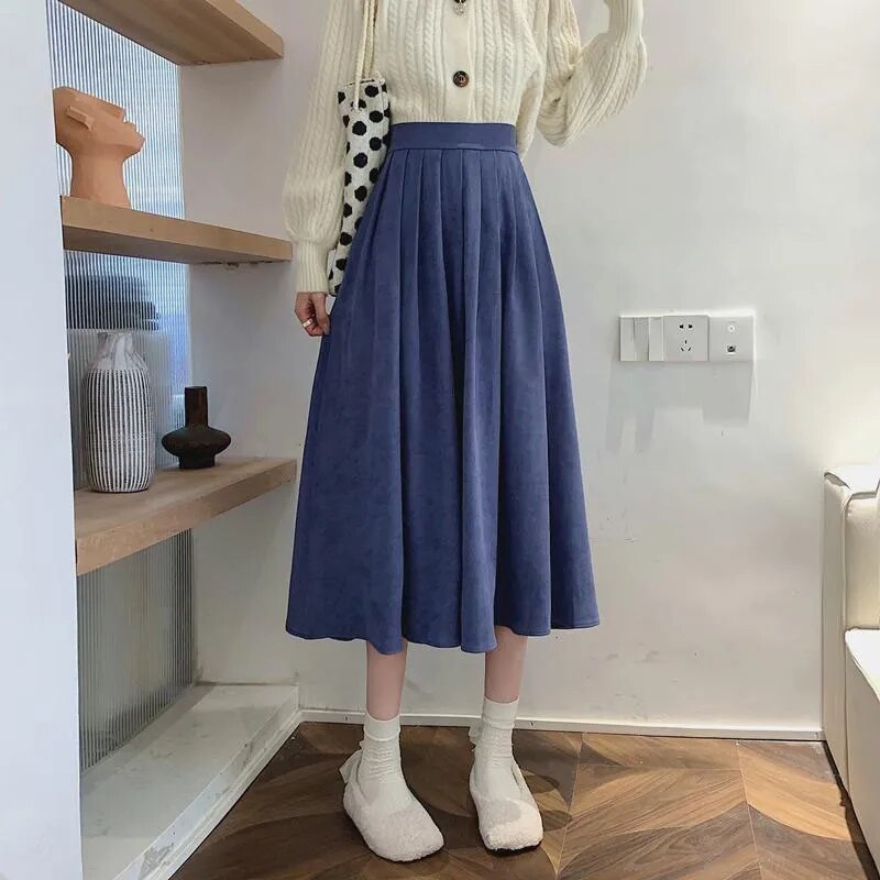 Vintage Brown High Waist Pleated Skirt Women Long Skirt Ladies Casual A line Skirts