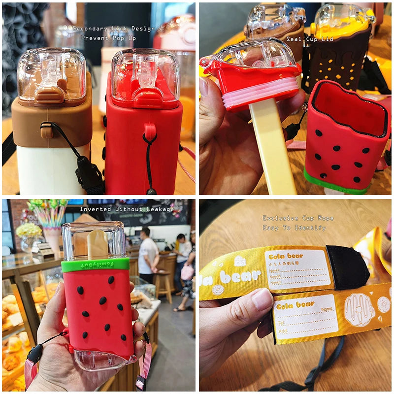 Cute Ice Cream Plastic Water Bottle With Straw Strap Popsicle Water Bottle