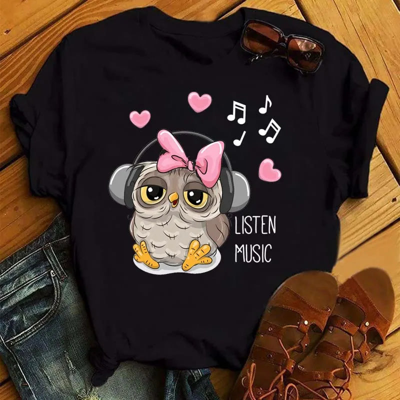 Owl Print T Shirt Women Graphic Shirts Short Sleeved Female T-shirts