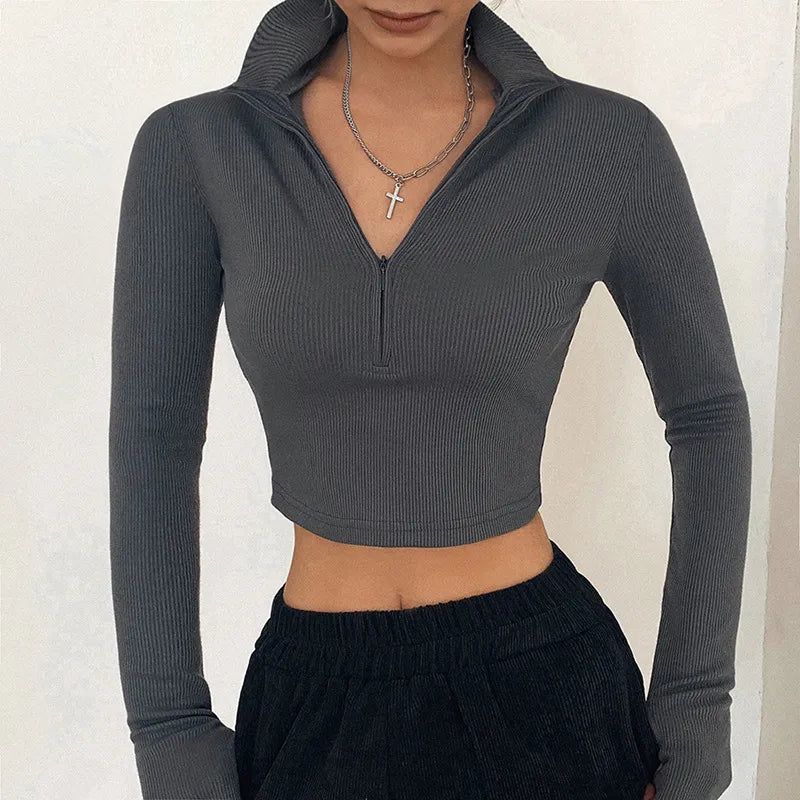 solid color casual T-shirt women long sleeves turtleneck crop tops style