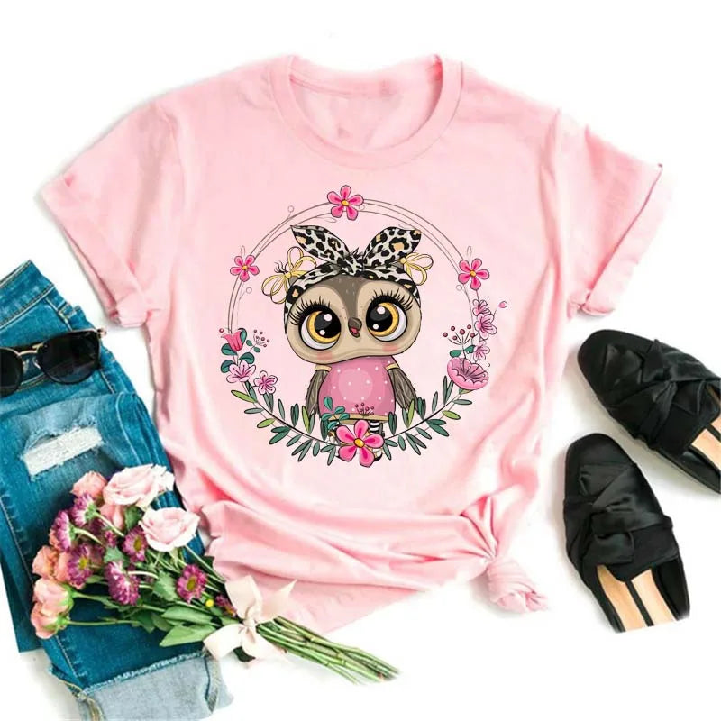 Owl Print T Shirt Women Graphic Shirts Short Sleeved Female T-shirts