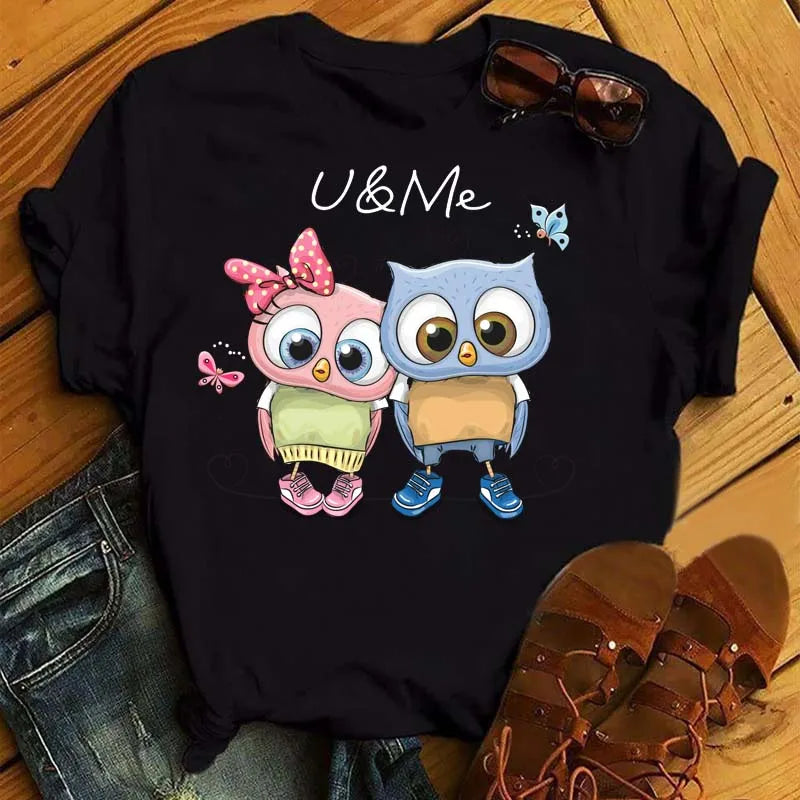 Owl Print T Shirt Women Graphic Shirts Short Sleeved Female T-shirts