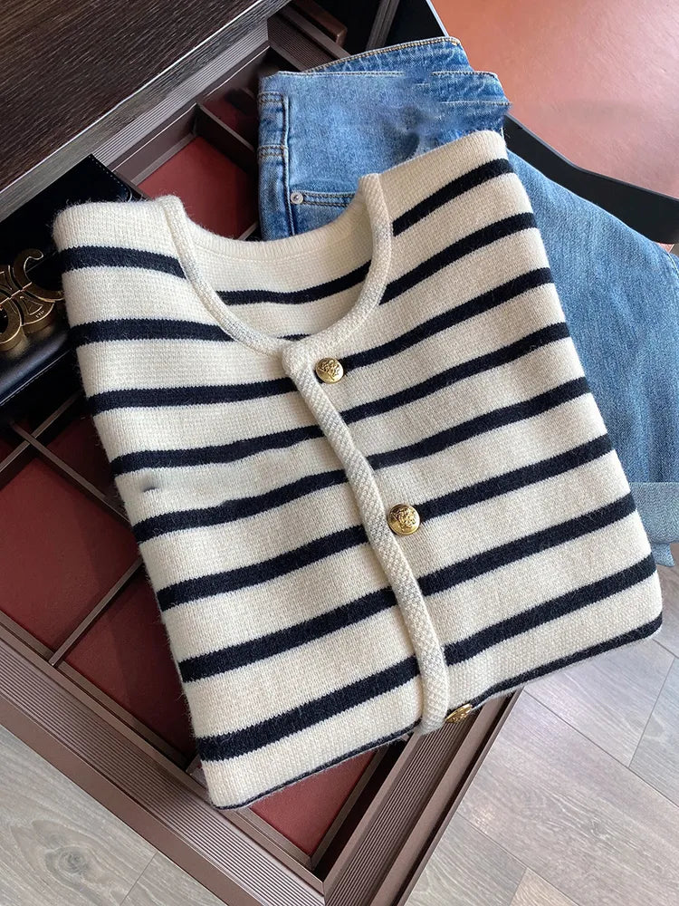 Women Spring Autumn Sweaters O-neck Stripe Knitted Cardigan Fashion Long Sleeve