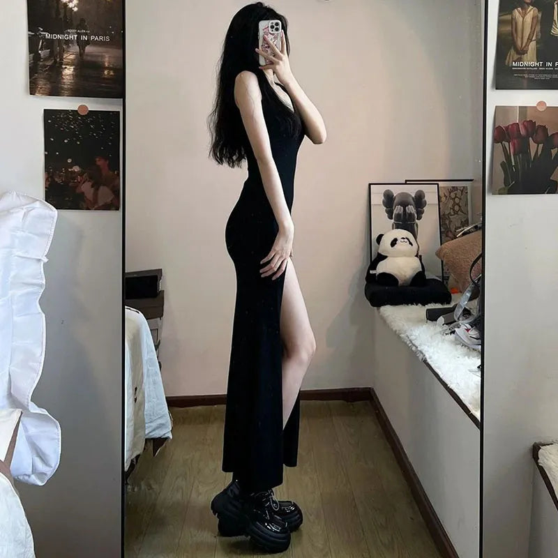 Black Sleeveless Strap Dress Women Sexy Slim Fit Side Slit Irregular Maxi Dress woman