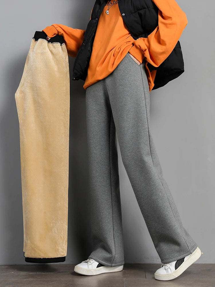 Women Warm Winter Plush Thick Pants Lambskin Cashmere Trousers High Waist Cotton Fleece