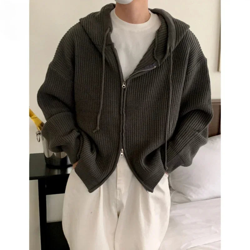 Hooded Sweater Jacket Men's Cardigan Sweater Loose American Retro Style