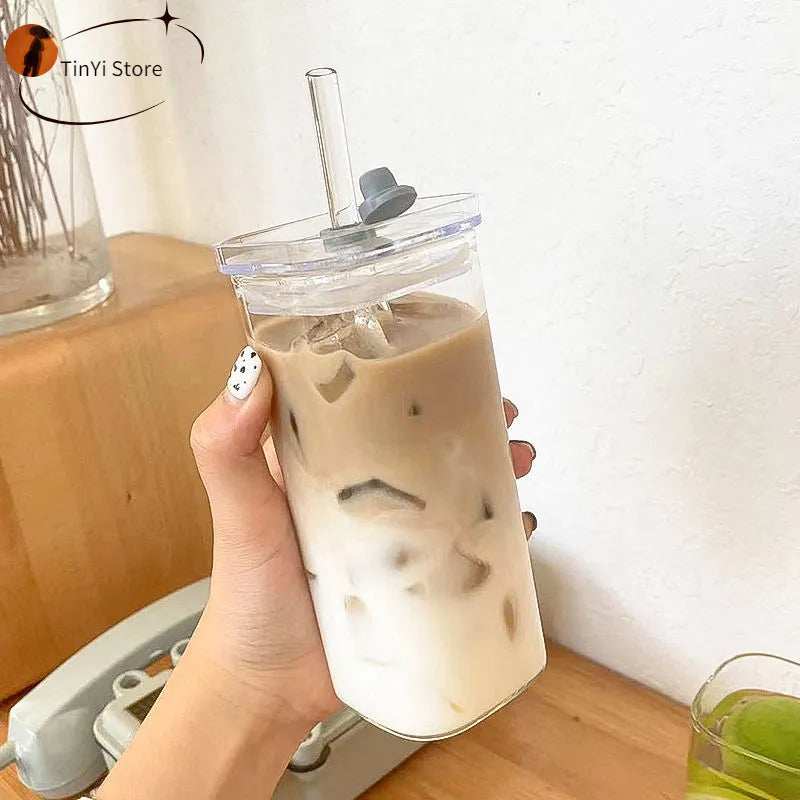 Square Heat Resistant Glass Cup with Lip and Straw Milk Tea Coffee Cup Mugs Drinkware