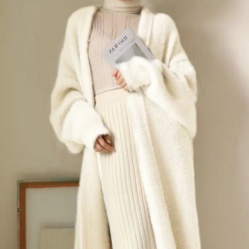 white Long Cardigan for women clothes Knitted fluffy long sleeve Cashmere sweater coat