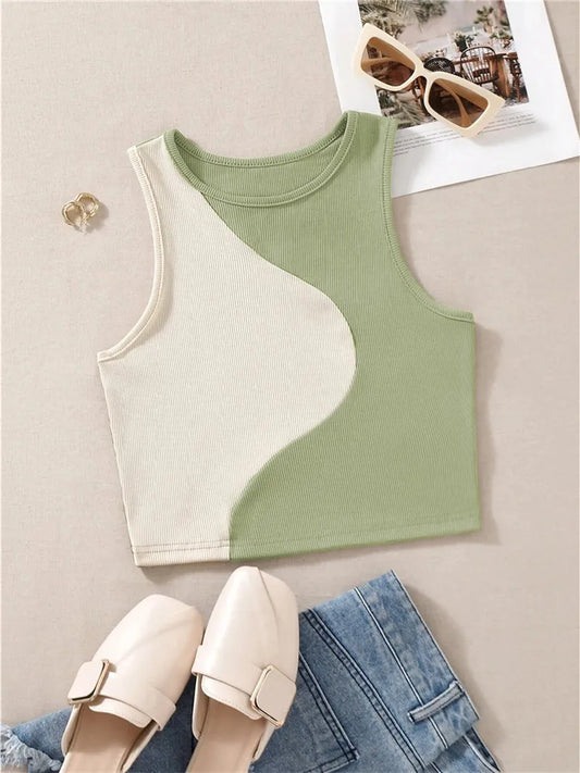 Women's Cute Preppy Style Tank Top Summer Crewneck Sleeveless Crop Tops Clothes Baby Tee Vest