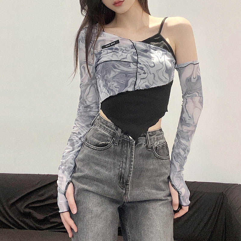 Sleeve T-Shirts Women Sexy Cute Slope Neck Ruffles Fashion Tide Autumn Crop Tops