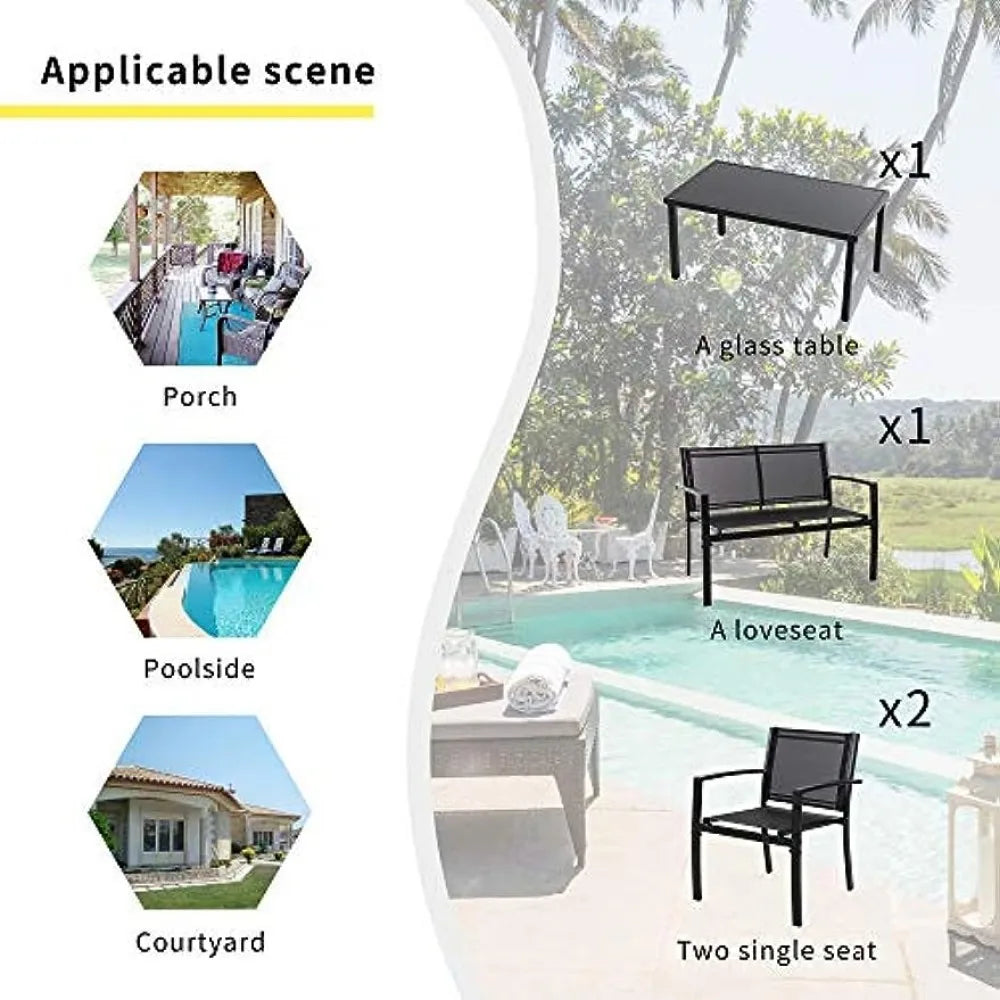 4 Pieces Patio Furniture Set Fabric Outdoor Set, with Glass Coffee Table, Loveseat